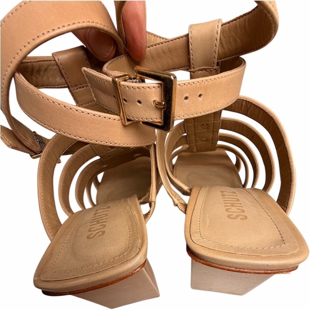 Schutz Kyrie Studded Cage Sandals Tan Leather Block Heel Ankle Strap 8 Gladiator - Picture 10 of 14